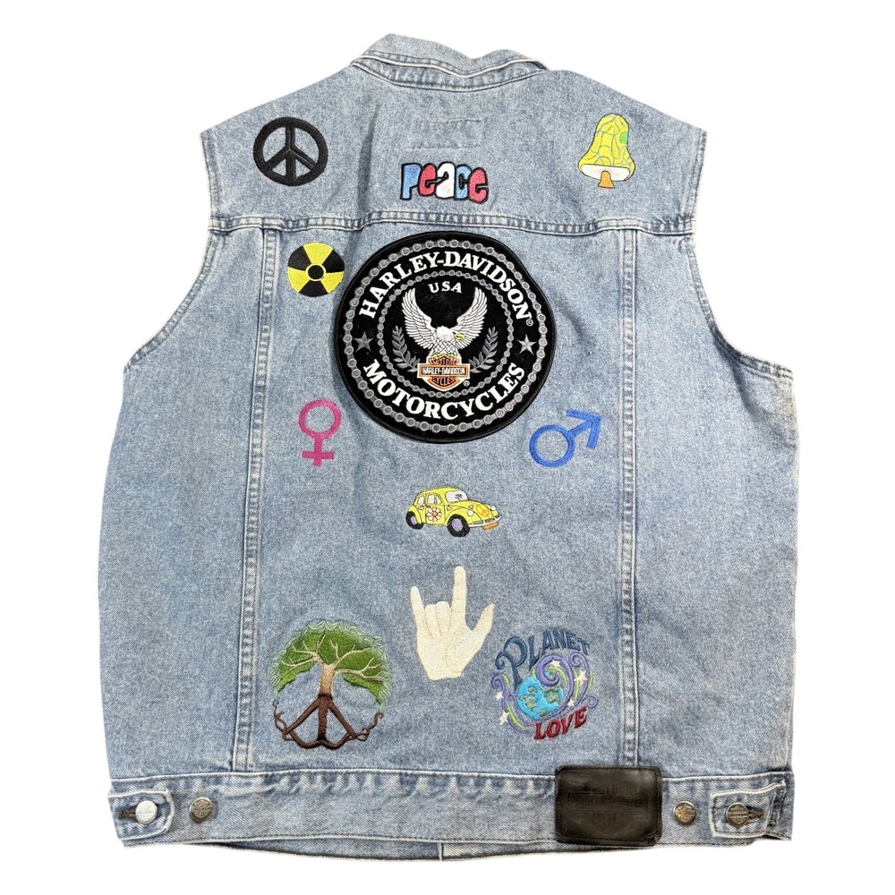 VINTAGE Harley-Davidson Denim Vest Light Wash Embroidered Patches Peace Love
